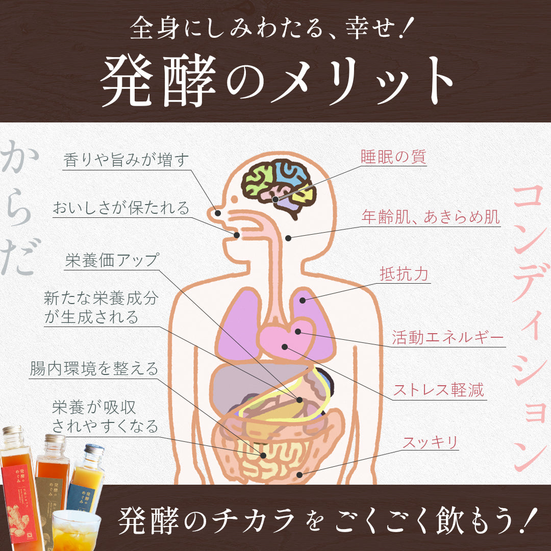 全身にしみわたる、幸せ！発酵のメリット 睡眠の質 栄養価アップ 腸内環境を整える 栄養が吸収されやすくなる 抵抗力アップ 免疫 ストレス軽減