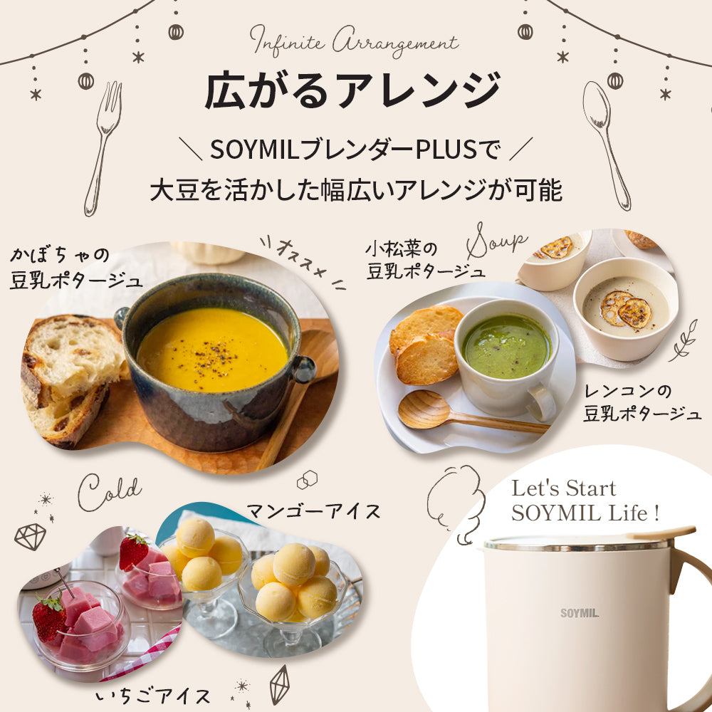 SOYMILブレンダーPLUSで広がるアレンジ　大豆を活かした幅広いアレンジが可能　SOYMIL KIT ソイミルキット