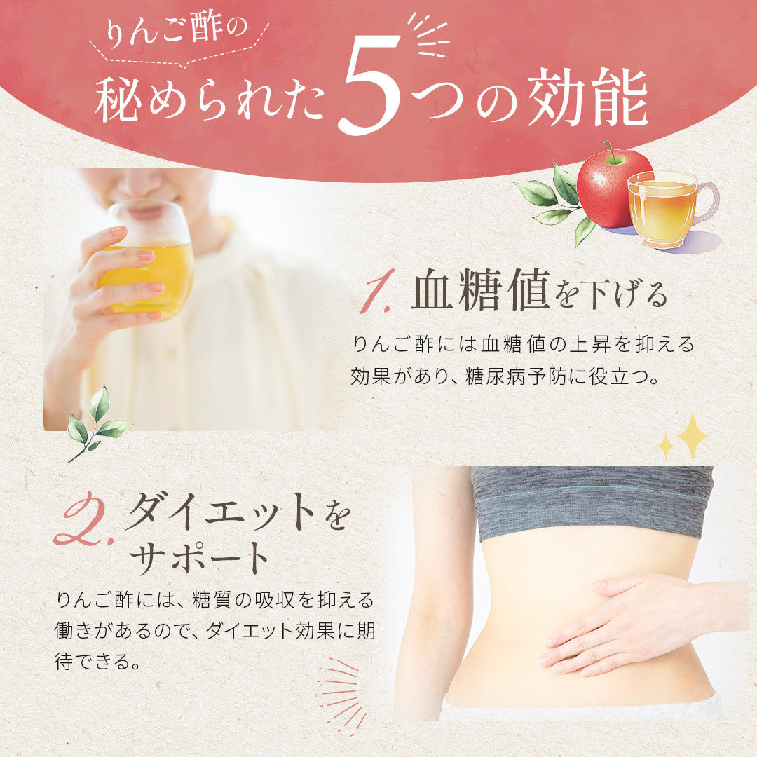 メリリマ 純りんご酢 5つの効能 血糖値を下げる。ダイエットをサポート