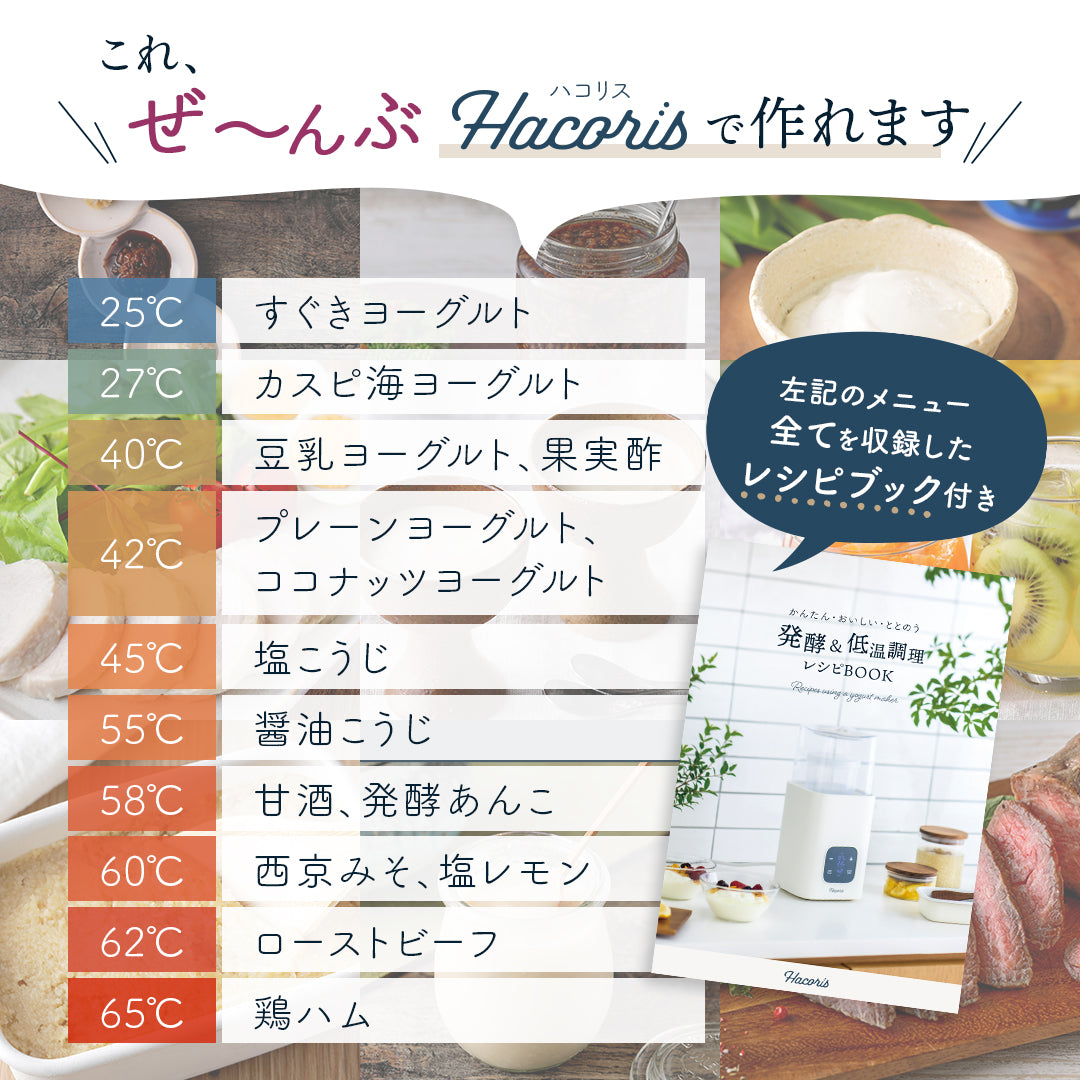 これ、ぜ～んぶHacoris（ハコリス）で作れます　25℃...すぐきヨーグルト　27℃...カスピ海ヨーグルト　40℃...豆乳ヨーグルト、果実酢　42℃...プレーンヨーグルト、ココナッツヨーグルト　45℃...塩こうじ　55℃...醤油こうじ　60℃...甘酒、発酵あんこ　62℃...西京みそ、塩レモン　65℃...ローストビーフ
このメニュー全てを収録したレシピブック付き！