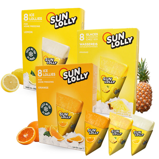 SUN LOLLY 3種セット レモン・オレンジ・パイナップル 各8個入【常温で届いて家庭で凍らせるアイスキャンディー／保存料・人工甘味料不使用】