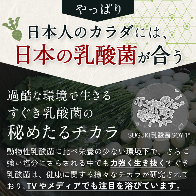 やっぱり、日本人のカラダには、日本の乳酸菌が合う。過酷な環境で生きる すぐき乳酸菌の 秘めたるチカラ。動物性乳酸菌に比べ栄養の少ない環境下で、さらに強い塩分にさらされる中でも力強く生き抜くすぐき乳酸菌は、健康に関する様々なチカラが研究されており、TVやメディアでも注目を浴びています。